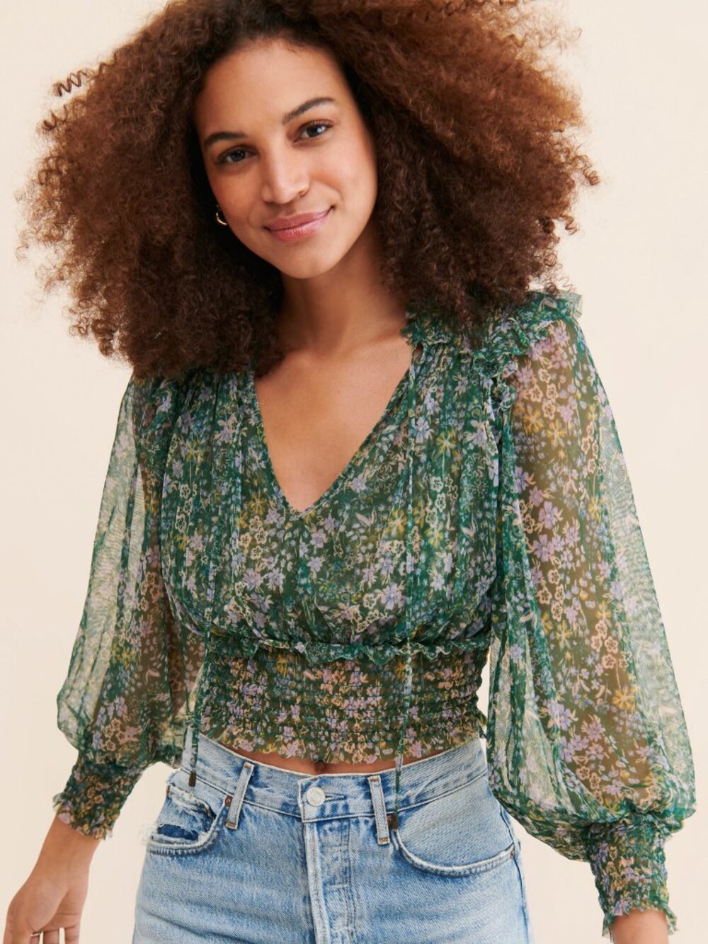 Free People Twyla Semi-Sheer Mesh Cropped Romantic Top Size Large